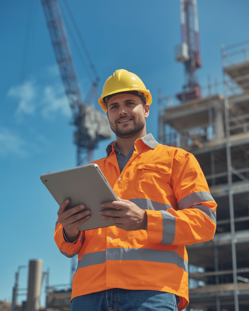 Bauleiter mit Tablet auf einer Baustelle